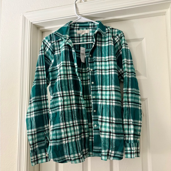 NWT  LOFT  Green Teal & White Plaid Flannel Shirt - XS - Picture 3 of 6
